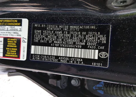 2012 Toyota Camry Se из США, поврежденный, VIN 4T1BF1FKXCU047499